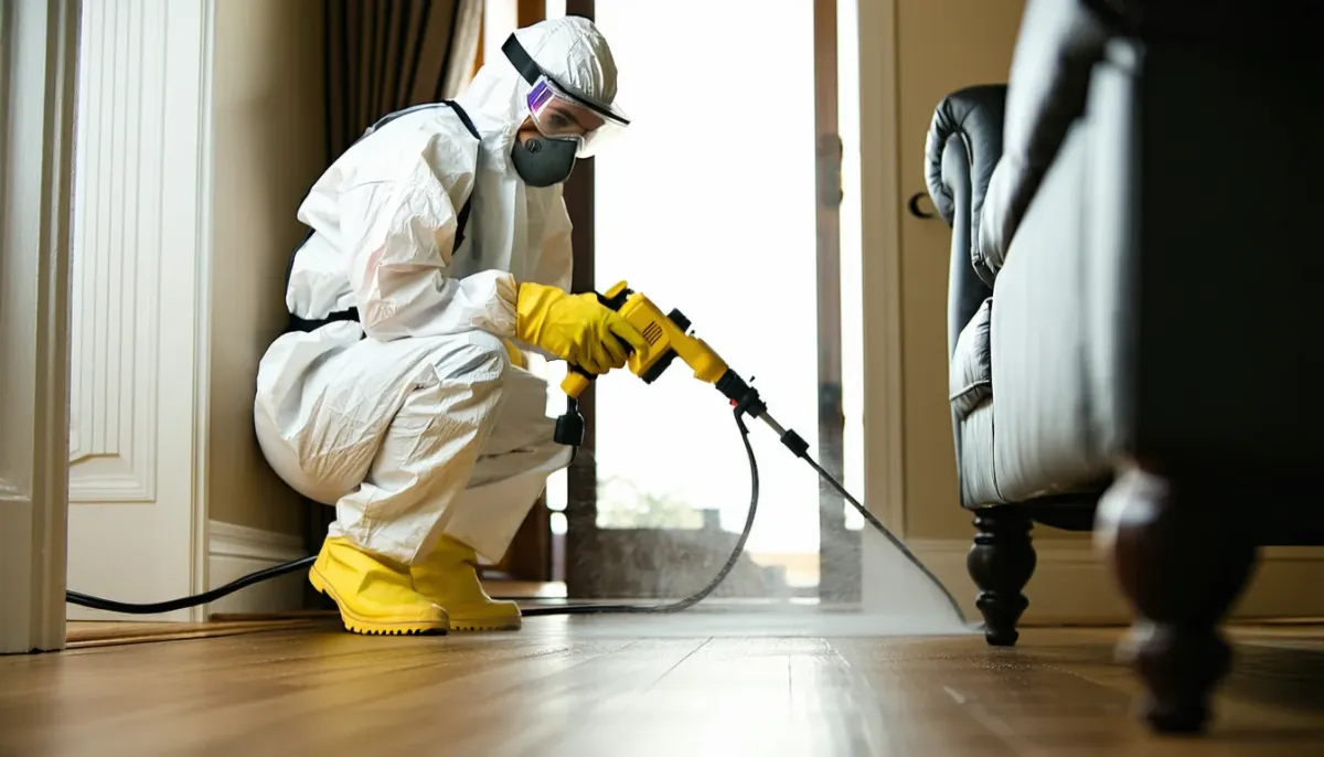 Professionnel en combinaison désinfectant un intérieur